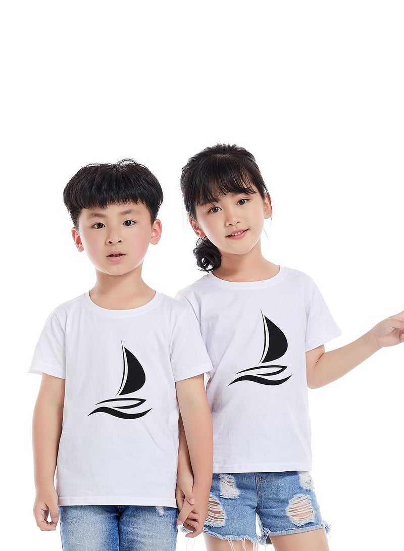 Unisex Family Couple Parent-Child clothing Sailboat Pattern T-shirt White