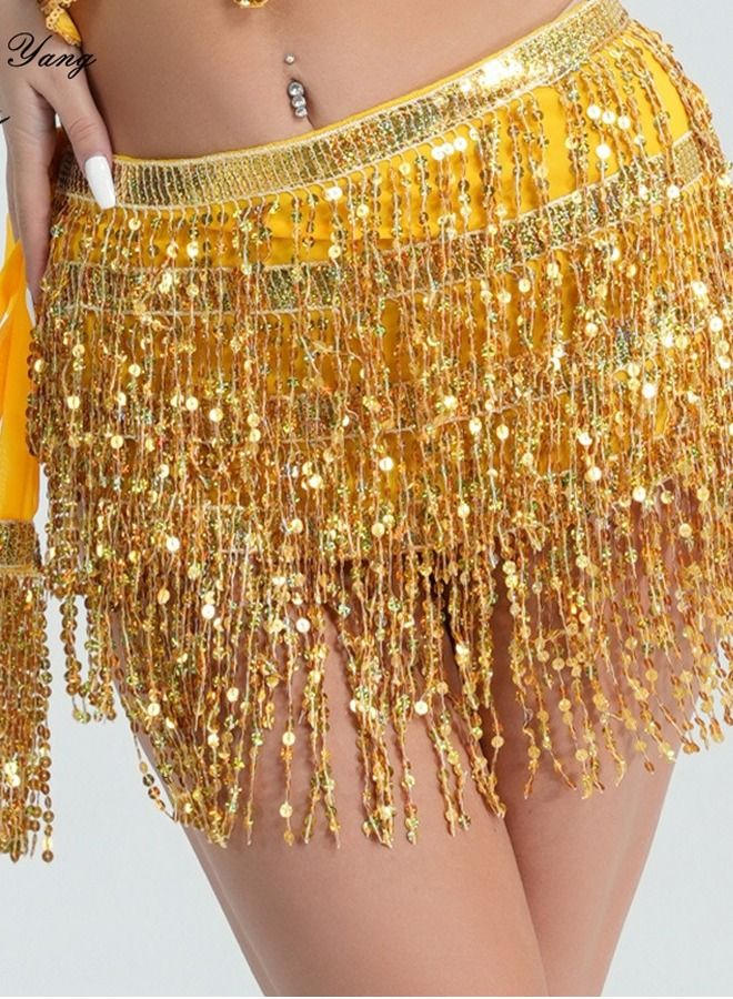 Sequin Fringe Waist Chain Skirt Sparkly Belly Dance Tassel Waist Wrap Belt Skirts Party Rave Costume Gold