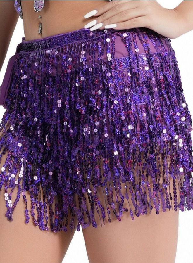 Sequin Fringe Waist Chain Skirt Sparkly Belly Dance Tassel Waist Wrap Belt Skirts Party Rave Costume Purple