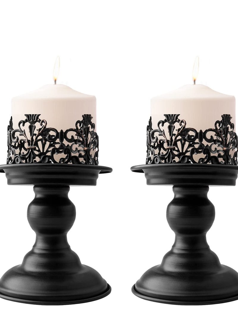 2 PCS Vintage Pillar Candle Holders, Candle Holder, Matte Black Metal Candle Stands Decorative, Decorative Antique Candle Stand for Dining & Living Room Decoration (Retro)