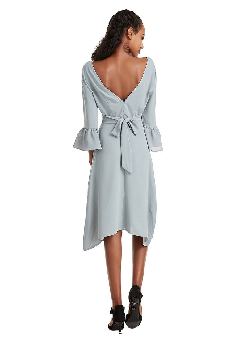 Women's Solid Color V Neck Flare Sleeve Midi Dress Bluish-Grey