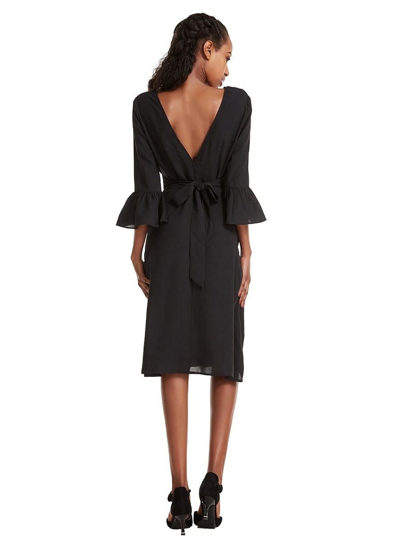 Women's Solid Color V Neck Flare Sleeve Midi Dress Black