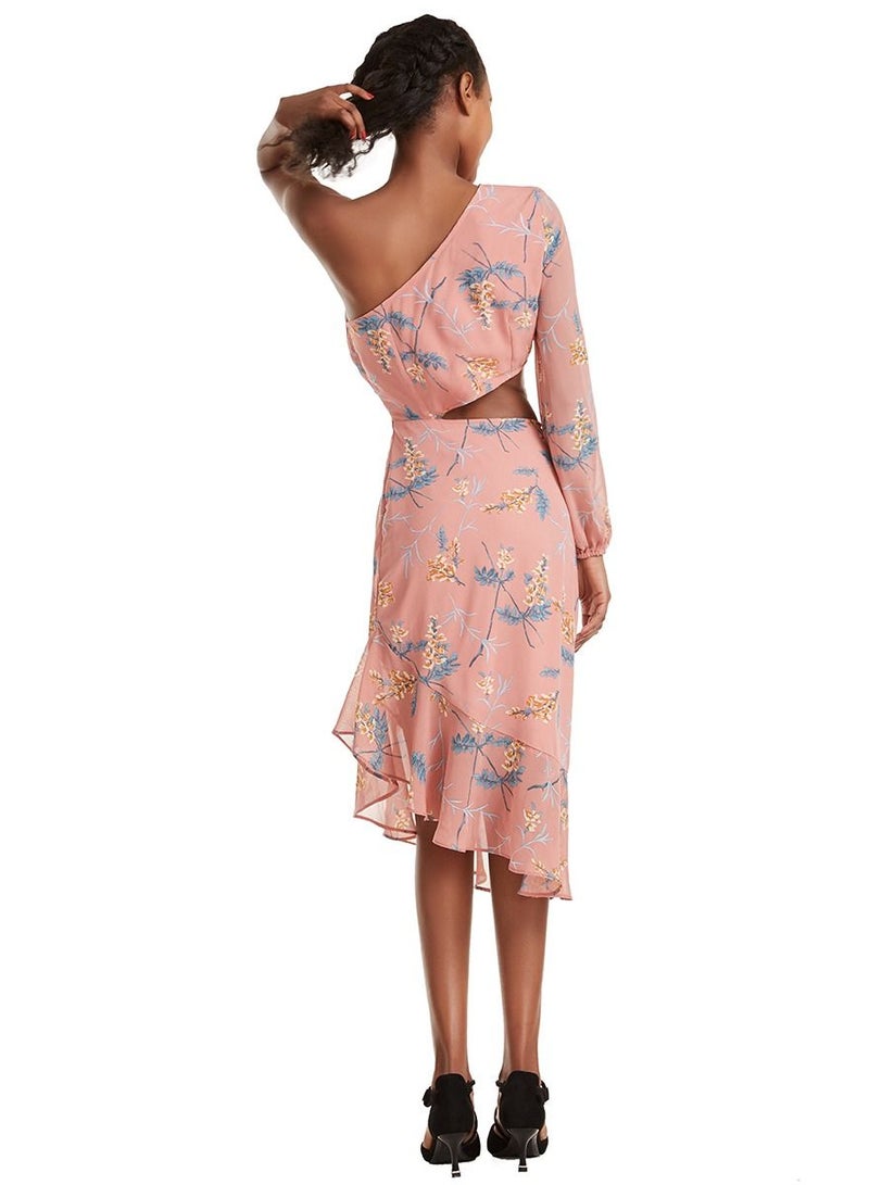 Woman's Stylish Floral Printed One Shoulder Midi Dress Deep Pink Mix