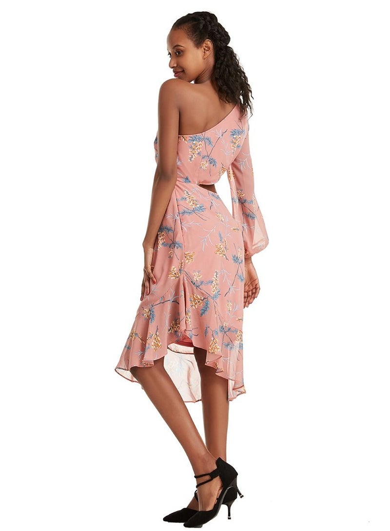 Woman's Stylish Floral Printed One Shoulder Midi Dress Deep Pink Mix
