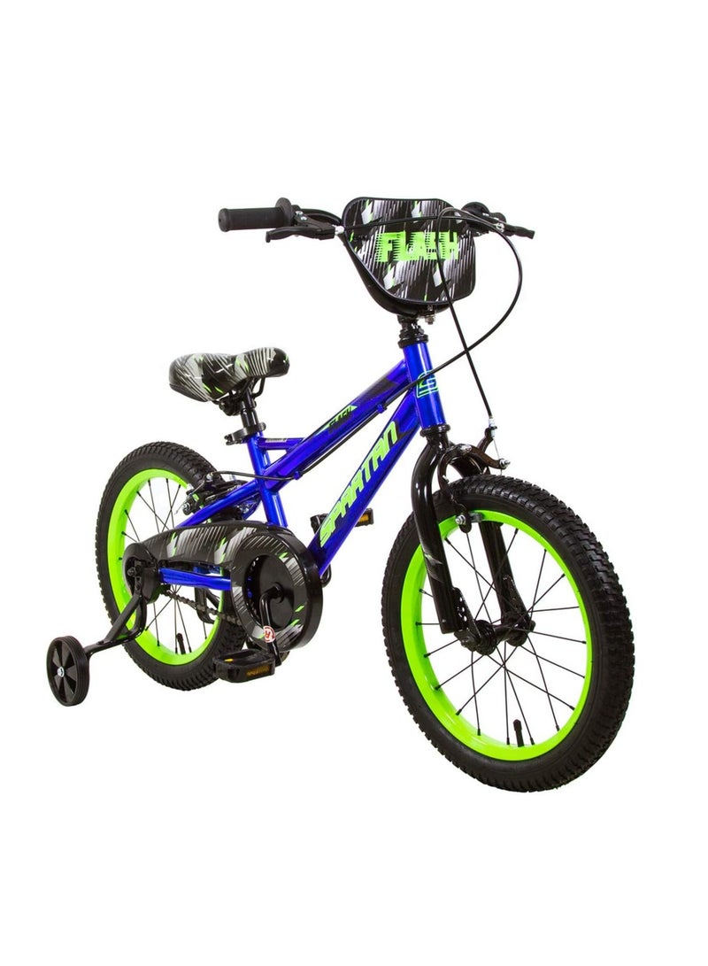 Flash Kids’ Bicycle for Ages 3-7; Kids and Toddler Bike with Training Wheels; 12-16 Inch Boys’ Bike in Blue and Green; Hardy Bike for Kids with Soft Cushion Saddle, Quick Release Seat Lever