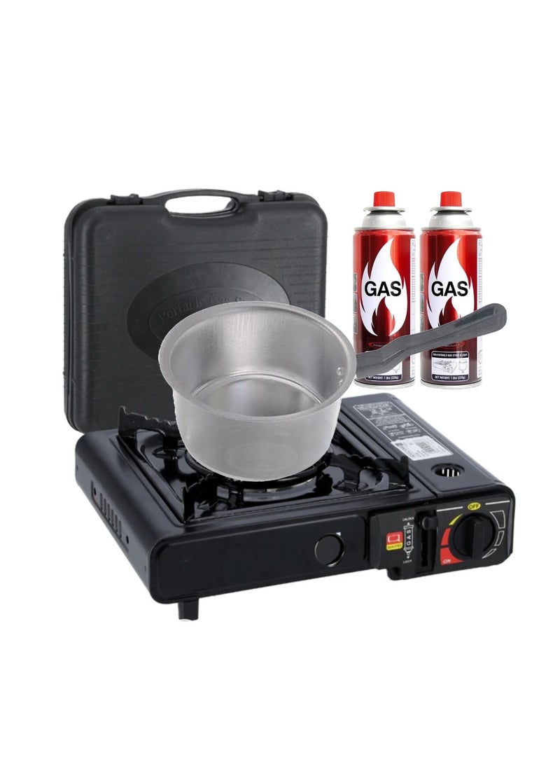 Camping Stove and Box with Milk Pan and 2-Pieces Butane Gas Cartridges
