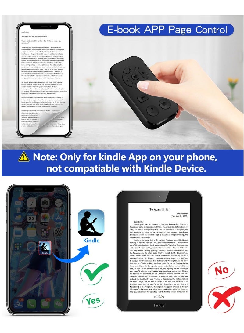 Bluetooth Scrolling Page Turner, Turner for Kindle App, Camera Photo and Video Clicker iPhone, Support Tiktok Recording/Play/Pause/Give a Like