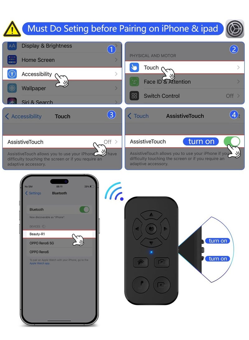Bluetooth Scrolling Page Turner, Turner for Kindle App, Camera Photo and Video Clicker iPhone, Support Tiktok Recording/Play/Pause/Give a Like