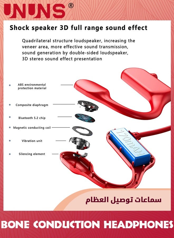 Bone Conduction Headphones,Wireless Open-Ear Bluetooth 5.2 Bone Conduction Sports Headphones,Waterproof Wireless Headsets For Sports Running Walking,Lightweight Open Earburs Headsets,Red