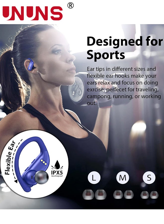 Wireless Earbuds Bluetooth Headphones With Earhooks,Built-in Mic,LED Display Wireless Earbuds Sport,48H Playtime With Charging Case Headset,Waterproof Over-Ear Buds for Running Workout,Blue