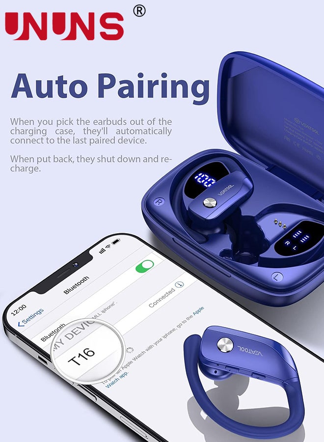 Wireless Earbuds Bluetooth Headphones With Earhooks,Built-in Mic,LED Display Wireless Earbuds Sport,48H Playtime With Charging Case Headset,Waterproof Over-Ear Buds for Running Workout,Blue