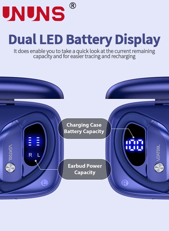 Wireless Earbuds Bluetooth Headphones With Earhooks,Built-in Mic,LED Display Wireless Earbuds Sport,48H Playtime With Charging Case Headset,Waterproof Over-Ear Buds for Running Workout,Blue