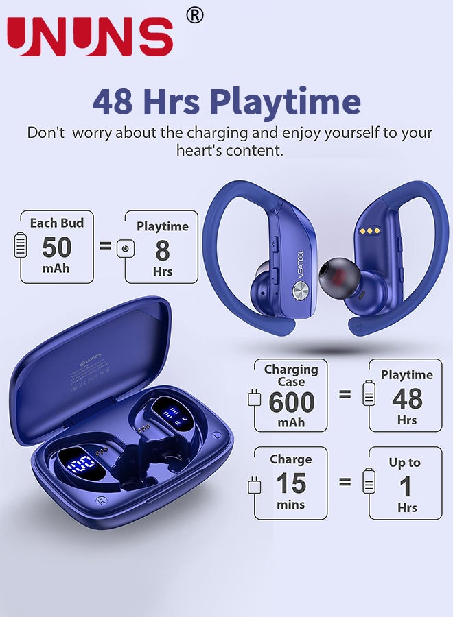Wireless Earbuds Bluetooth Headphones With Earhooks,Built-in Mic,LED Display Wireless Earbuds Sport,48H Playtime With Charging Case Headset,Waterproof Over-Ear Buds for Running Workout,Blue