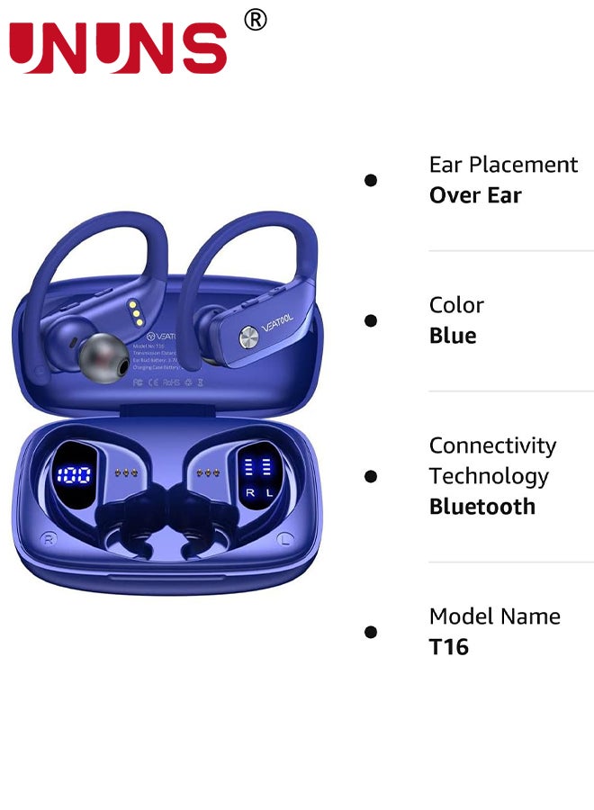Wireless Earbuds Bluetooth Headphones With Earhooks,Built-in Mic,LED Display Wireless Earbuds Sport,48H Playtime With Charging Case Headset,Waterproof Over-Ear Buds for Running Workout,Blue