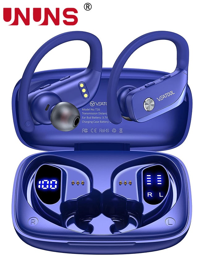 Wireless Earbuds Bluetooth Headphones With Earhooks,Built-in Mic,LED Display Wireless Earbuds Sport,48H Playtime With Charging Case Headset,Waterproof Over-Ear Buds for Running Workout,Blue