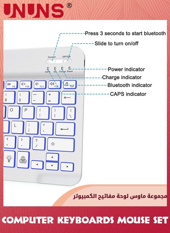 Bluetooth Keyboard and Mouse Combo,Wireless Rechargeable Keyboard And Mouse,7-Color Backlit,Portable 10 Inch Bluetooth Keyboard For iPad,iPad Pro/ Air/ Mini,iPhone,Android,Windows,White