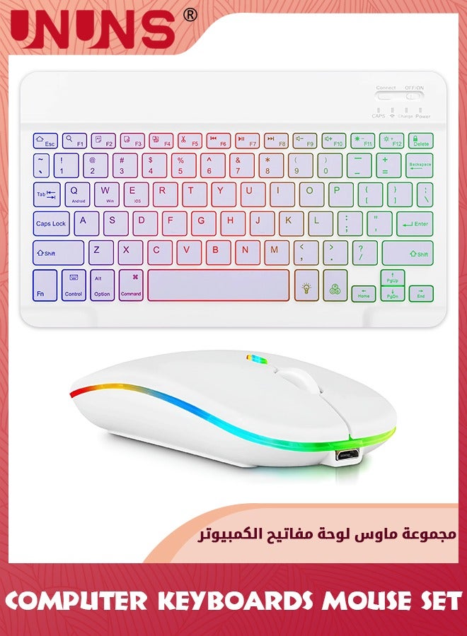 Bluetooth Keyboard and Mouse Combo,Wireless Rechargeable Keyboard And Mouse,7-Color Backlit,Portable 10 Inch Bluetooth Keyboard For iPad,iPad Pro/ Air/ Mini,iPhone,Android,Windows,White