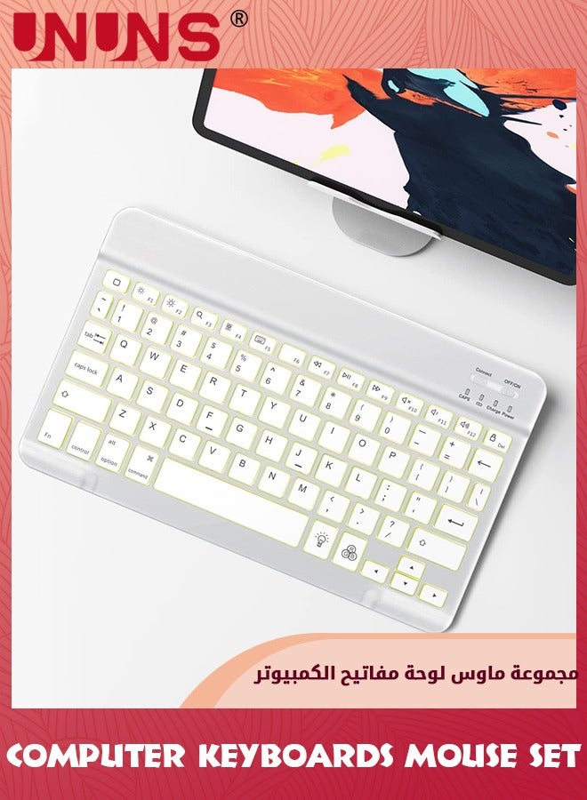Bluetooth Keyboard and Mouse Combo,Wireless Rechargeable Keyboard And Mouse,7-Color Backlit,Portable 10 Inch Bluetooth Keyboard For iPad,iPad Pro/ Air/ Mini,iPhone,Android,Windows,White