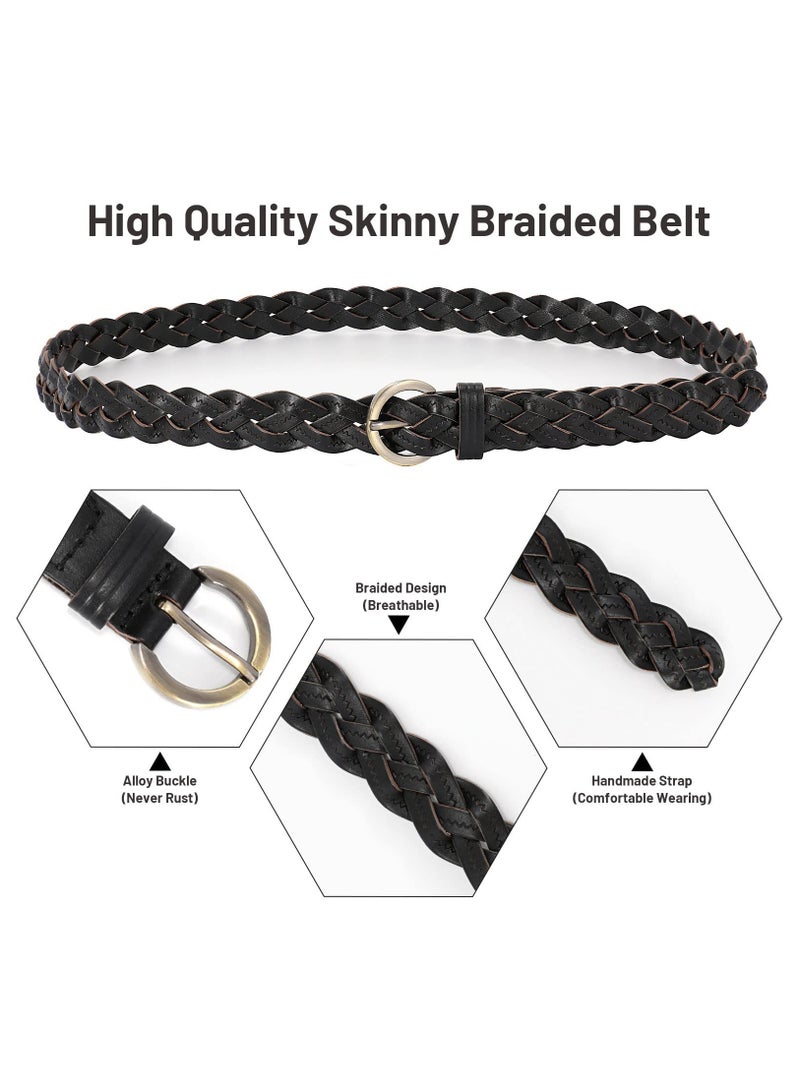 Skinny Braided Leather Belts for Women, Thin Woven Waist Belts for Jeans Dresses, 0.9” Width(3 Pack)