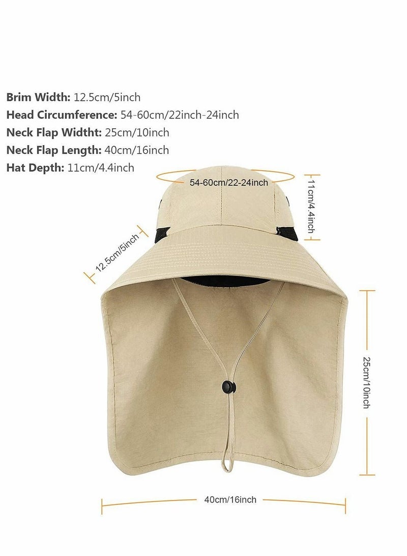 Outdoor Sun Hat for Men 50+ UPF Protection Safari Cap Wide Brim Pure Cotton Fishing with Neck Flap Khaki