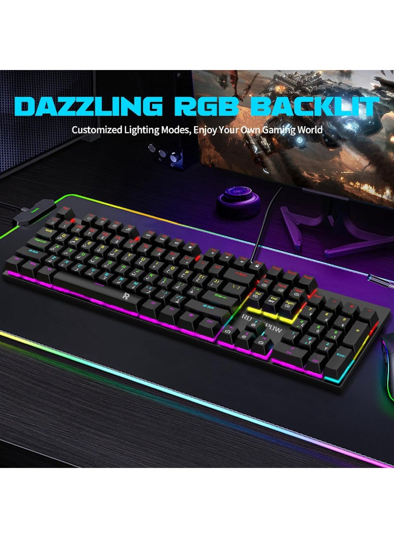 Arabic English Mechanical Gaming Keyboard with RGB LED Backlit 104 Keys USB Interface E-sport Waterproof Wired Keyboard for Windows/MacOS/Android PC Gamers