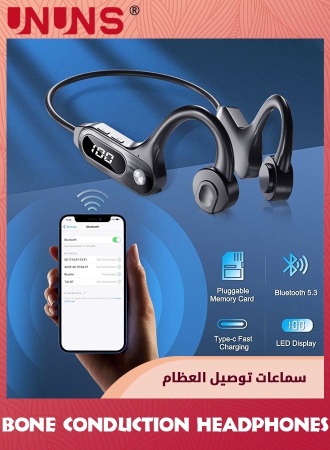 Bone Conduction Headphones With LED Display,Bluetooth 5.3 Sports Wireless Earphones For iOS Android,Waterproof Open Ear Headset Built-in Mic HiFi Stereo For Running Cycling Driving,Black