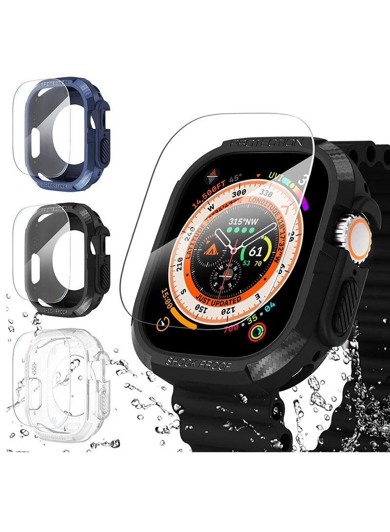 [3+3Pack for Apple Watch Ultra Case 49mm Cover, Rugged Bumper Case with Screen Protector Tempered Glass Face Cover, Waterproof Full Protective Shockproof Soft Armor Guard for iWatch Ultra Men