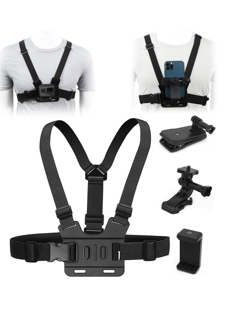 Camera Chest Mount Strap Harness Fit for AKASO DJI Osmo Adjustable Cell Phone with Sports Installation Bracket kit Mobile Bracket Backpack Clip Holder