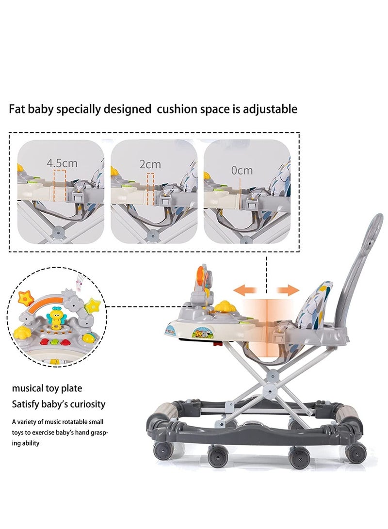 Multifunction Baby Walker, Baby Walkers for Boys and Girls with Removable Footrest, Feeding Tray, Rocking Function & Music Tray, Foldable Activity Walker for Baby 6-18 Months (Grey)