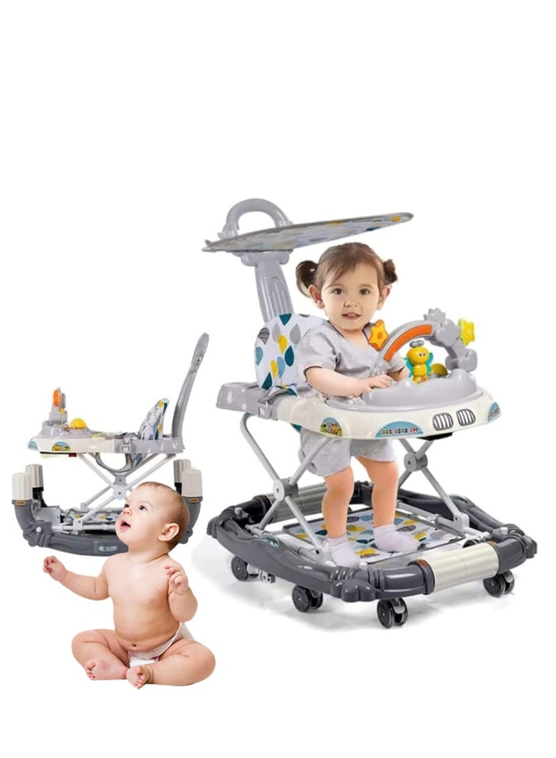 Multifunction Baby Walker, Baby Walkers for Boys and Girls with Removable Footrest, Feeding Tray, Rocking Function & Music Tray, Foldable Activity Walker for Baby 6-18 Months (Grey)