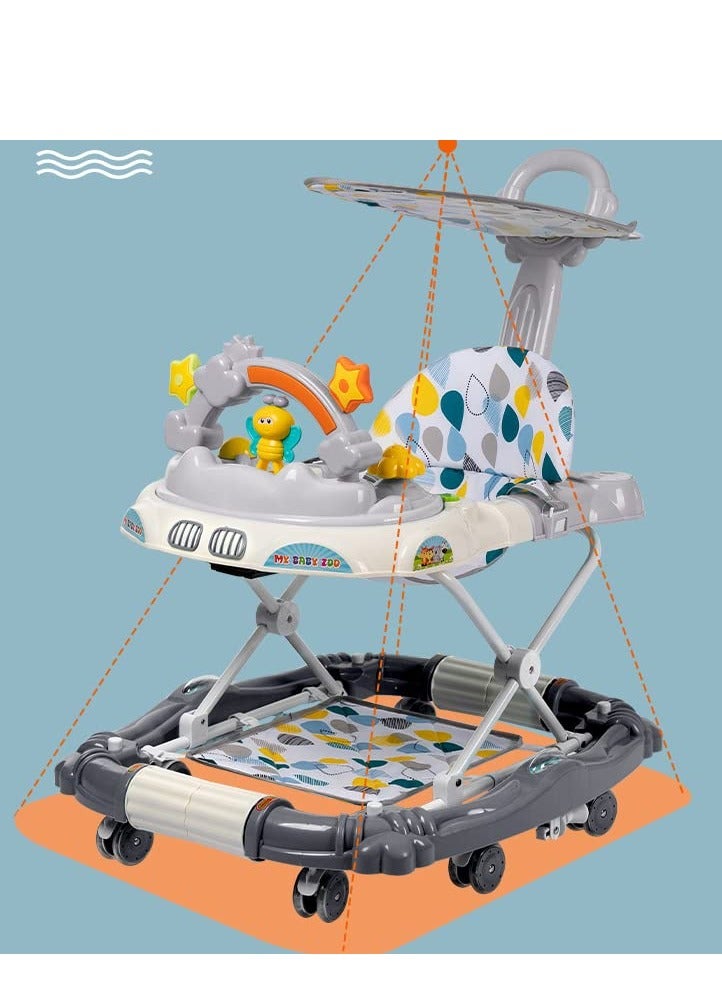 Multifunction Baby Walker, Baby Walkers for Boys and Girls with Removable Footrest, Feeding Tray, Rocking Function & Music Tray, Foldable Activity Walker for Baby 6-18 Months (Grey)