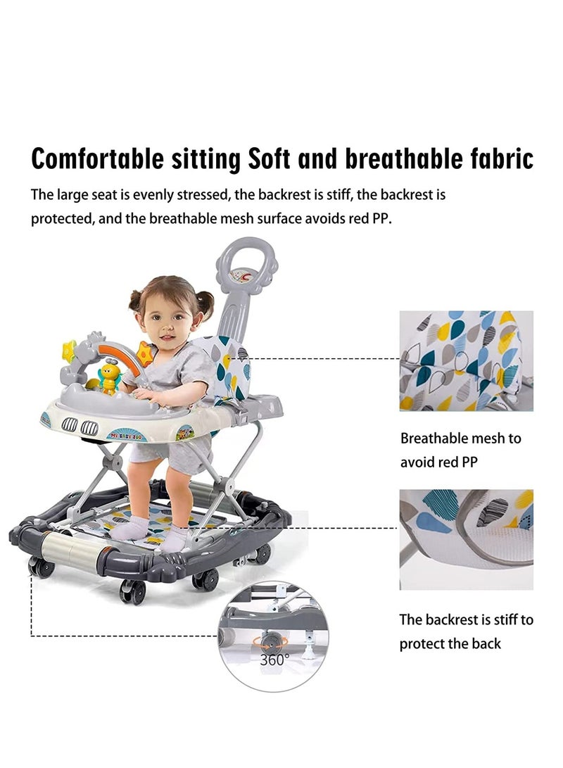 Multifunction Baby Walker, Baby Walkers for Boys and Girls with Removable Footrest, Feeding Tray, Rocking Function & Music Tray, Foldable Activity Walker for Baby 6-18 Months (Grey)