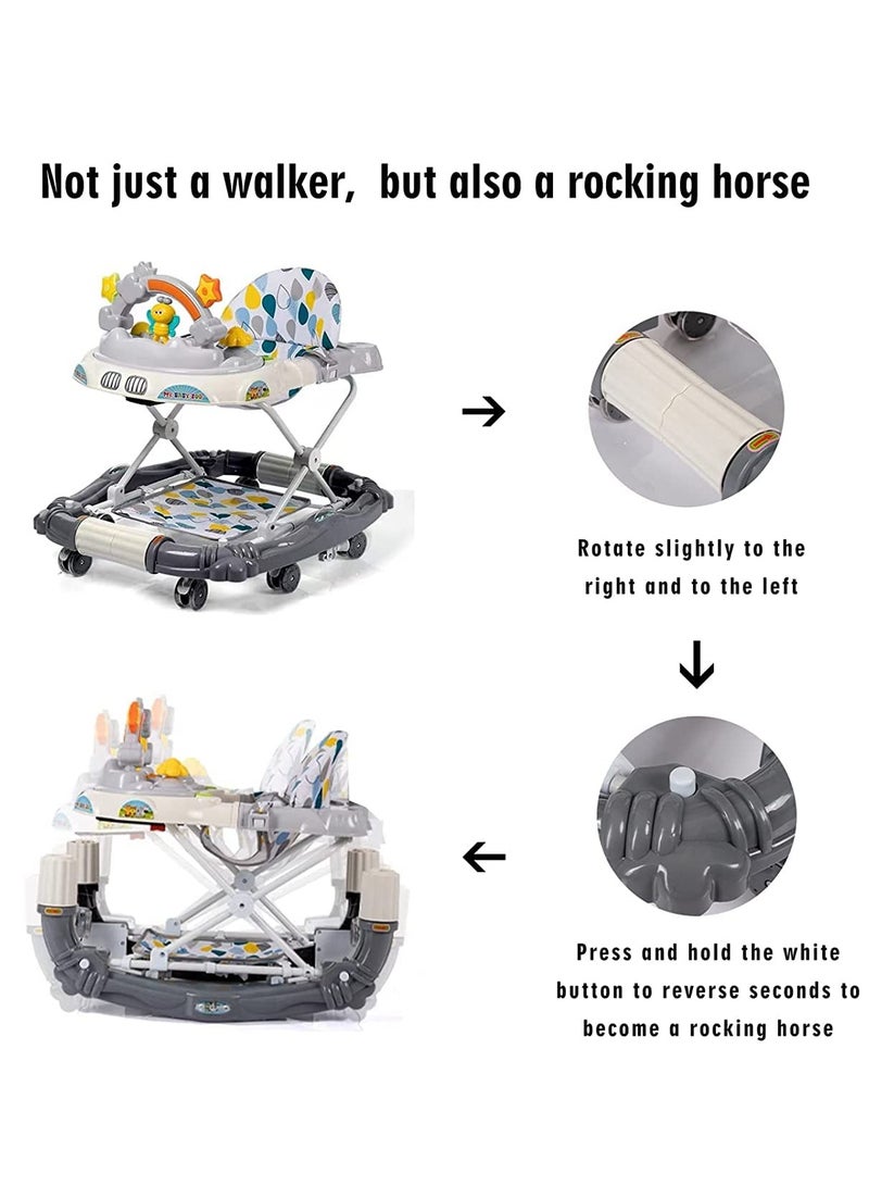 Multifunction Baby Walker, Baby Walkers for Boys and Girls with Removable Footrest, Feeding Tray, Rocking Function & Music Tray, Foldable Activity Walker for Baby 6-18 Months (Grey)