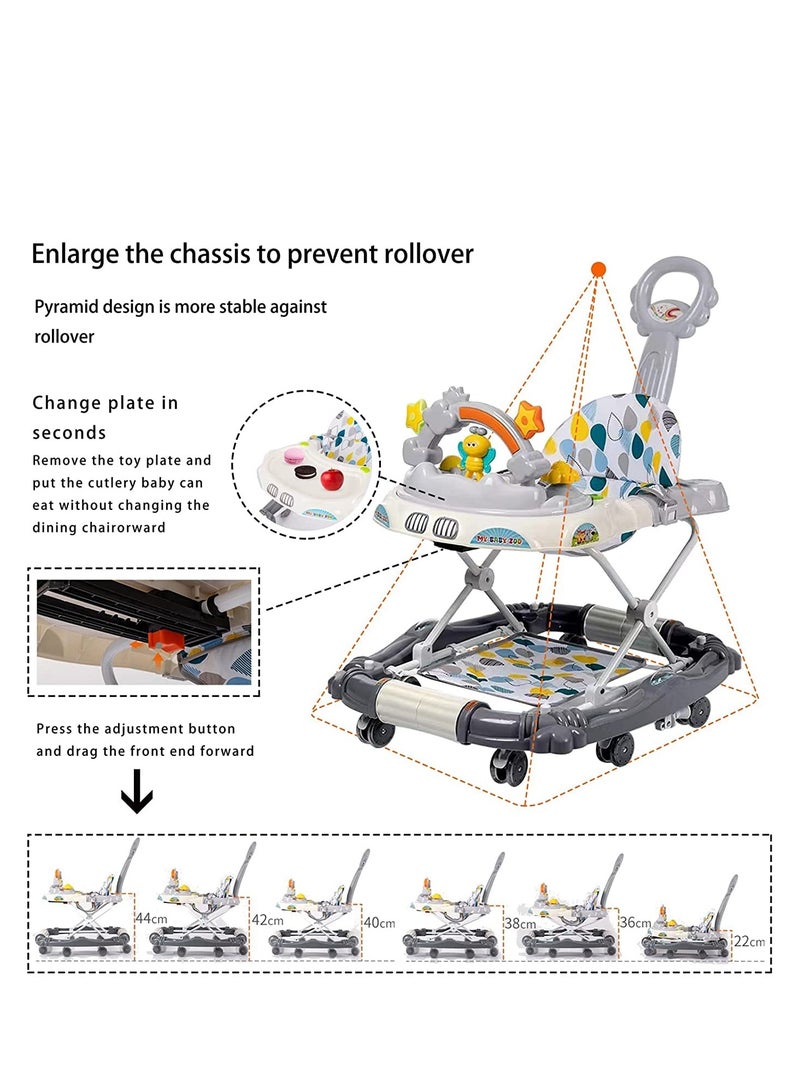 Multifunction Baby Walker, Baby Walkers for Boys and Girls with Removable Footrest, Feeding Tray, Rocking Function & Music Tray, Foldable Activity Walker for Baby 6-18 Months (Grey)