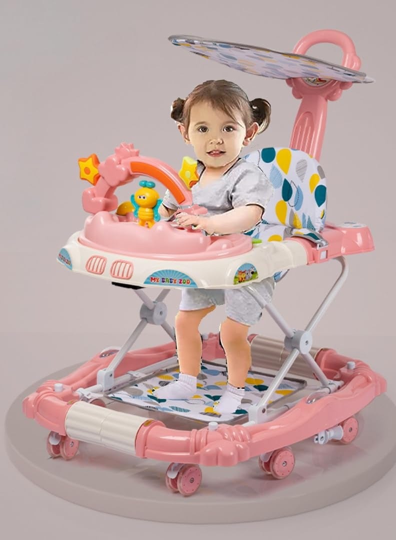 Multifunction Baby Walker, Baby Walkers for Boys and Girls with Removable Footrest, Feeding Tray, Rocking Function & Music Tray, Foldable Activity Walker for Baby 6-18 Months (Pink)