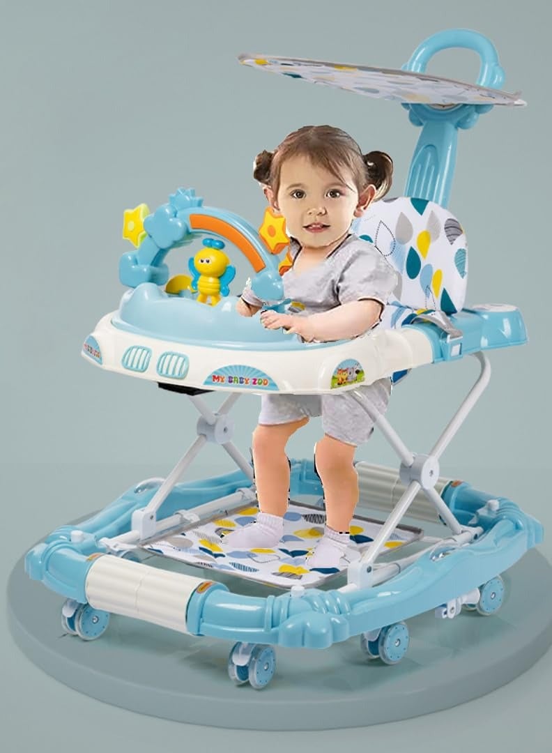 Multifunction Baby Walker, Baby Walkers for Boys and Girls with Removable Footrest, Feeding Tray, Rocking Function & Music Tray, Foldable Activity Walker for Baby 6-18 Months (Blue)