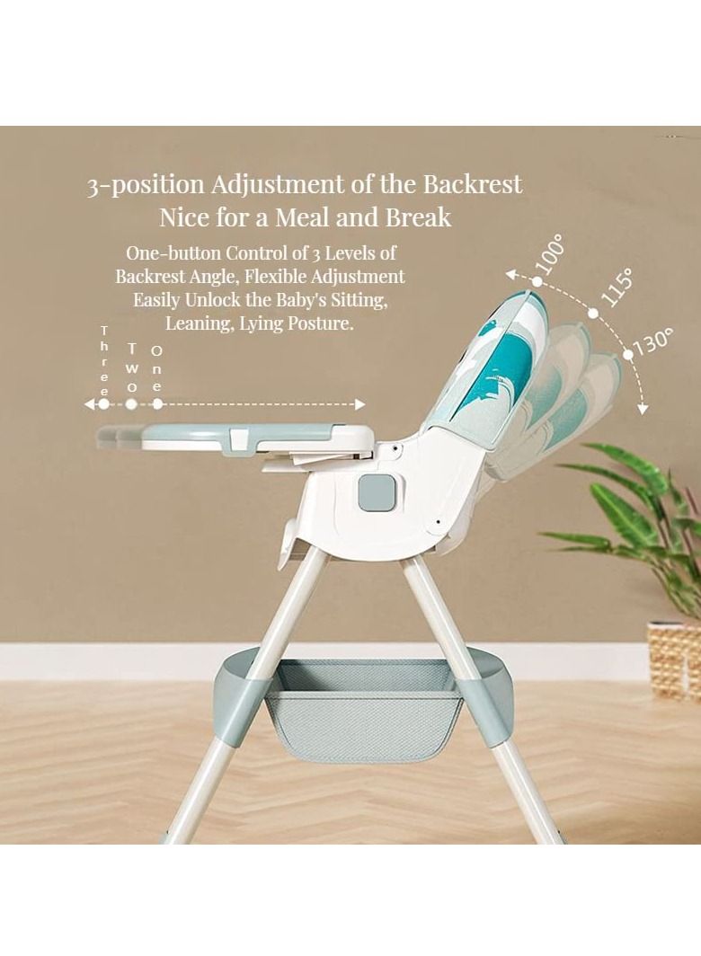 Baby High Chair, Folding Recline Feeding Seat Height Adjustable Child Feeding Chair, Multifunctional Baby Dining Chair with Removable Double Compartment Plate(Blue)