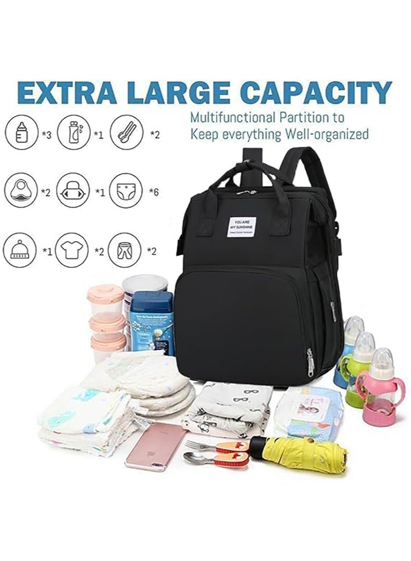 Diaper Bag Backpack Waterproof Diaper Changing Totes Multi-Function Travel Portable Bassinet Backpack Mommy Bag Large Capacity Baby Backpack for Boy Girl Baby Shower Gifts Folding Frib (Black)