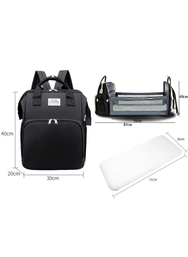 Diaper Bag Backpack Waterproof Diaper Changing Totes Multi-Function Travel Portable Bassinet Backpack Mommy Bag Large Capacity Baby Backpack for Boy Girl Baby Shower Gifts Folding Frib (Black)