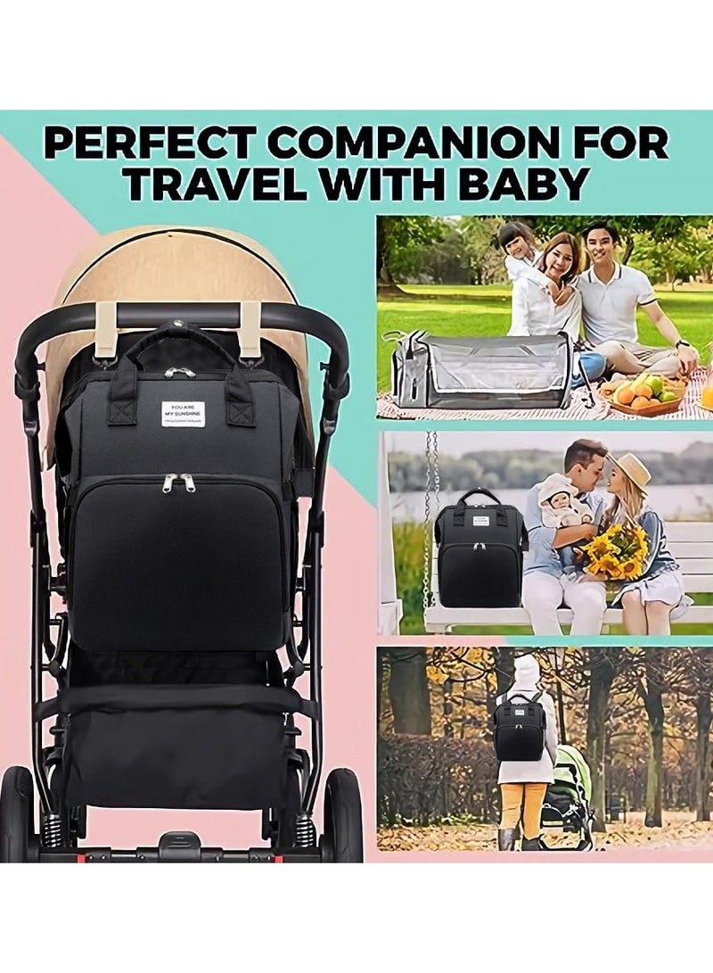 Diaper Bag Backpack Waterproof Diaper Changing Totes Multi-Function Travel Portable Bassinet Backpack Mommy Bag Large Capacity Baby Backpack for Boy Girl Baby Shower Gifts Folding Frib (Black)