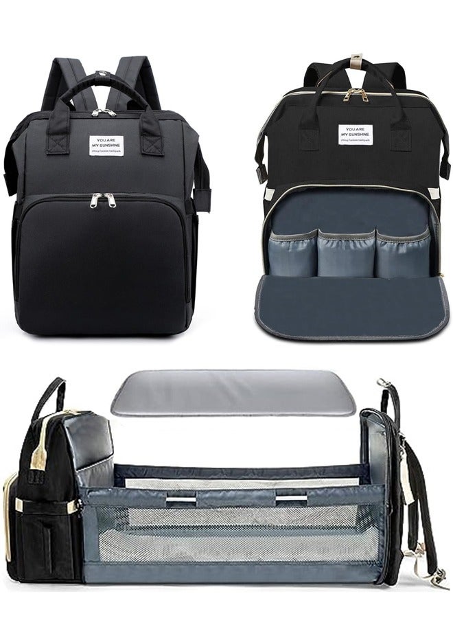 Diaper Bag Backpack Waterproof Diaper Changing Totes Multi-Function Travel Portable Bassinet Backpack Mommy Bag Large Capacity Baby Backpack for Boy Girl Baby Shower Gifts Folding Frib (Black)