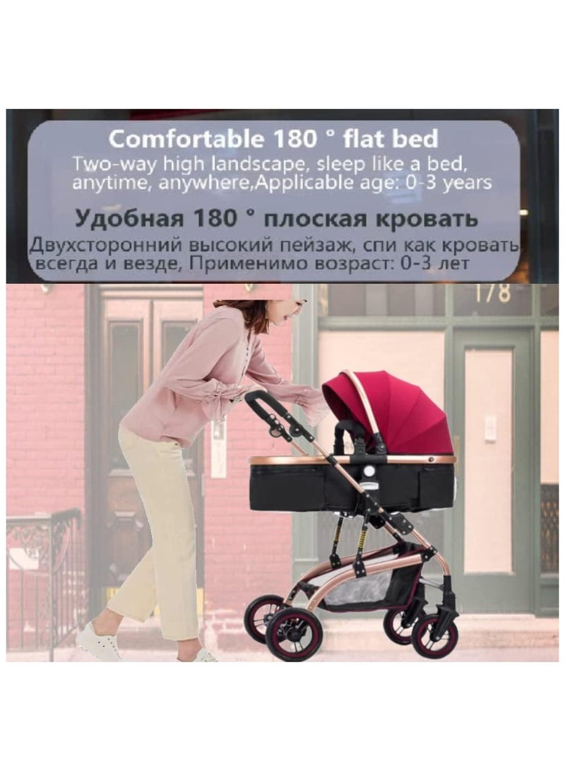 3 in 1 Baby Stroller, Infant Stroller with Reversible Seat, Newborn Stroller with Canopy，Baby Bassinet Stroller (Red)