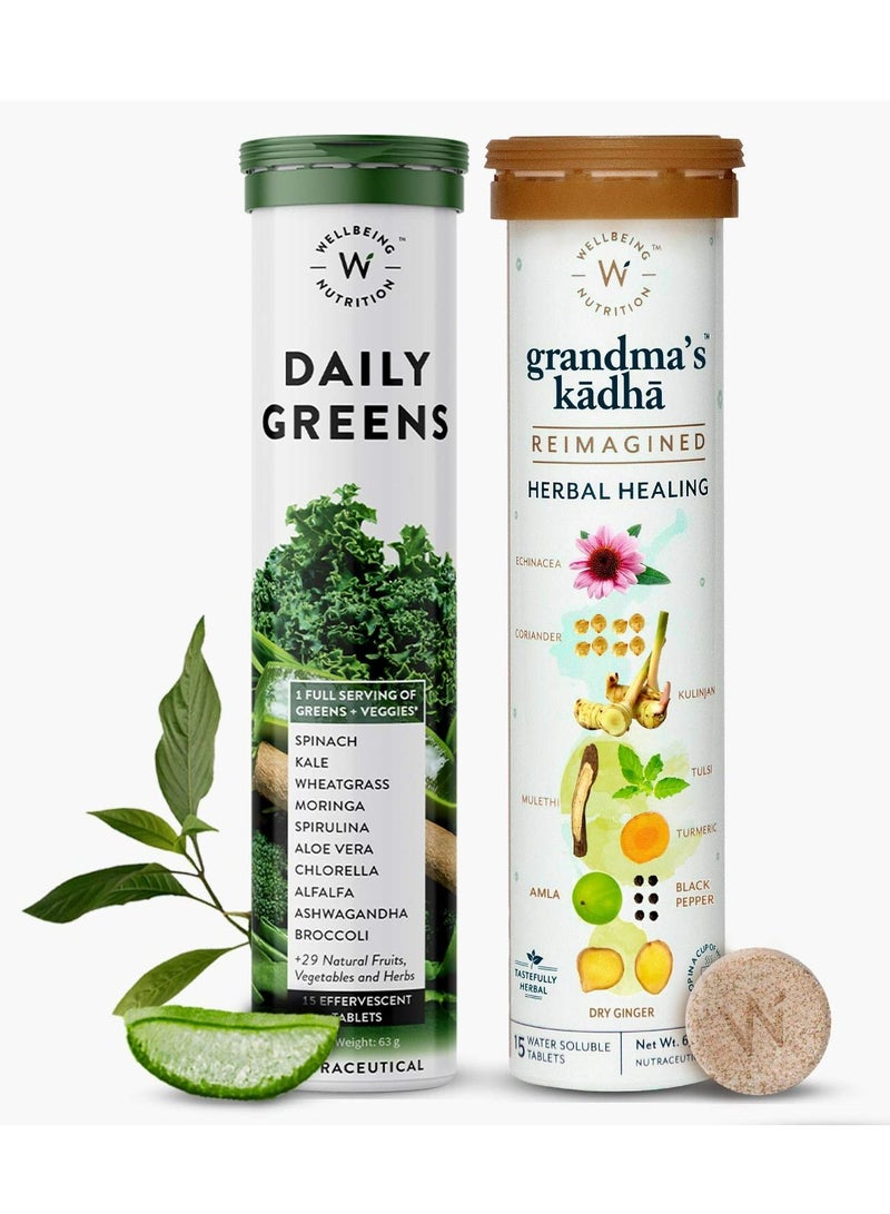 Organic Immunity Booster Kit, (Daily Greens and Grandma's Kadha,15x2 Effervescent Tablets)