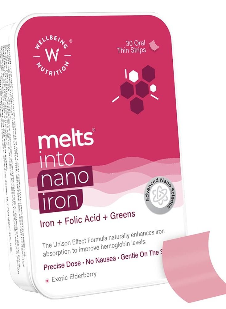 Wellbeing Nutrition Melts Nano Iron | Plant Based Iron, Beetroot, Swiss Chard, Pumpkin Seeds, Vitamin C and Folate for Improved Hemoglobin, Oxygen binding capacity & Blood Building (30 Oral Strips)