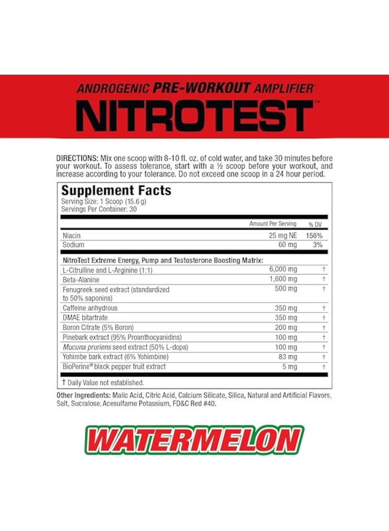 Nitrotest, Androgenic Pre-Workout Amplifier, Watermelon Flavour, 30 Servings