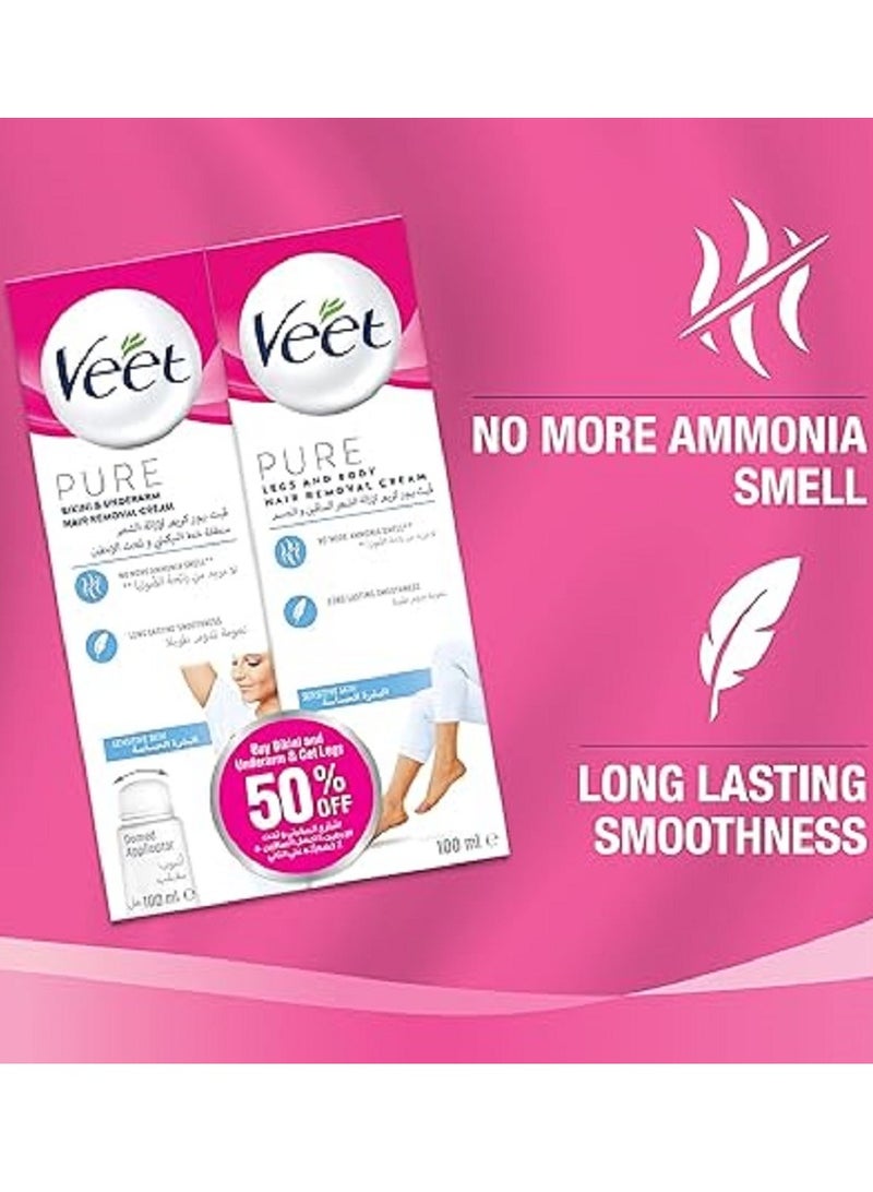 Veet Pure Legs and Body Hair Removal Cream with Domed Applicator for Sensitive Skin 100ml x 2 Pack of 2