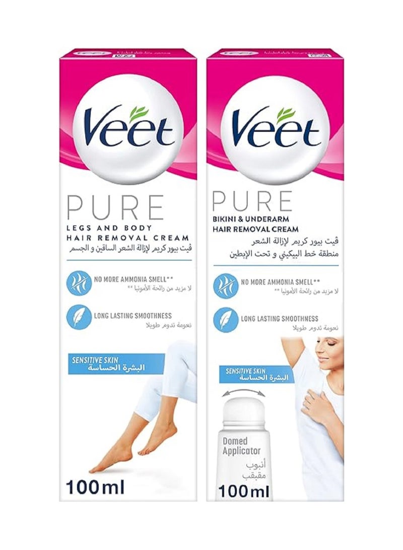 Veet Pure Legs and Body Hair Removal Cream with Domed Applicator for Sensitive Skin 100ml x 2 Pack of 2