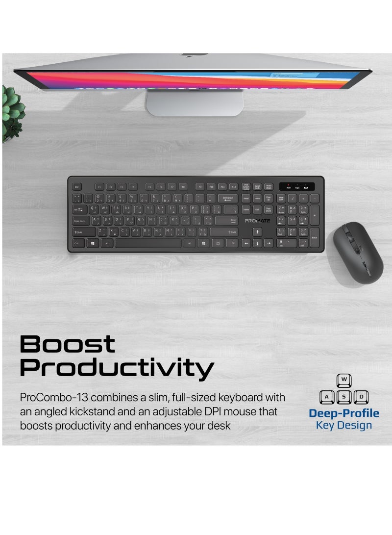 Promate Wireless Keyboard and Mouse Combo, Slim Full-Size 2.4Ghz Wireless Keyboard with 1600 DPI Ambidextrous Mouse, Nano USB Receiver, Quiet Keys, Angled Kickstand Black