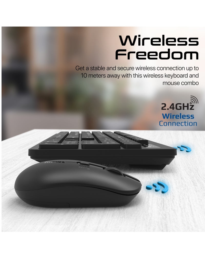 Promate Wireless Keyboard and Mouse Combo, Slim Full-Size 2.4Ghz Wireless Keyboard with 1600 DPI Ambidextrous Mouse, Nano USB Receiver, Quiet Keys, Angled Kickstand Black