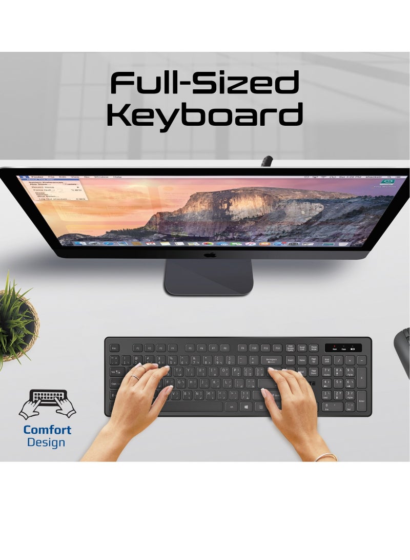 Promate Wireless Keyboard and Mouse Combo, Slim Full-Size 2.4Ghz Wireless Keyboard with 1600 DPI Ambidextrous Mouse, Nano USB Receiver, Quiet Keys, Angled Kickstand Black